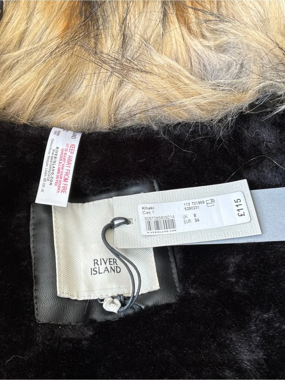 River Island Womens Bomber Parka Jacket Faux Fur Hood Trim Size Small NWT  !!!